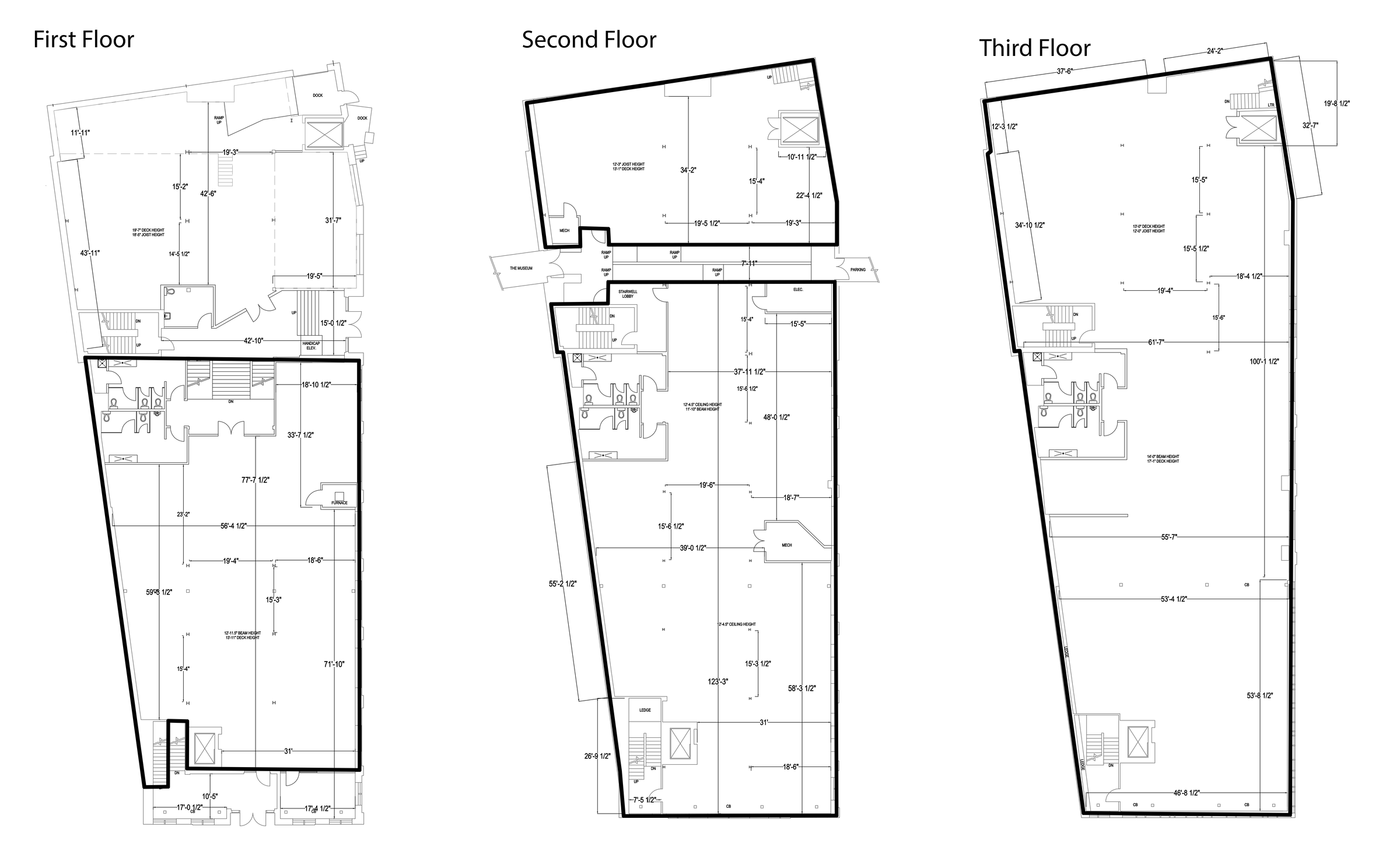 Floor plan highlighting available space for Second and Third Floors + Front of First, Units 1A, 2A, 2B, 3, 27,867 SF.